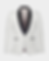 A white marble tuxedo jacket with shawl black satin lapels ghost shot on a light grey background.