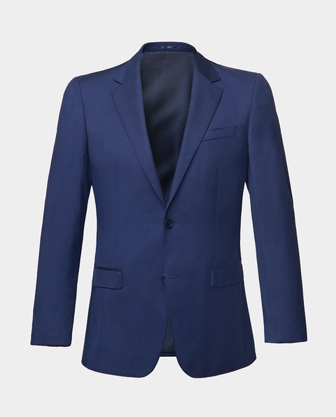 A cobalt blue suit jacket with notch lapels ghost shot on a light grey background.