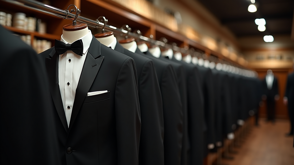 High angle view of a row of tuxedos hanging in a rental shop