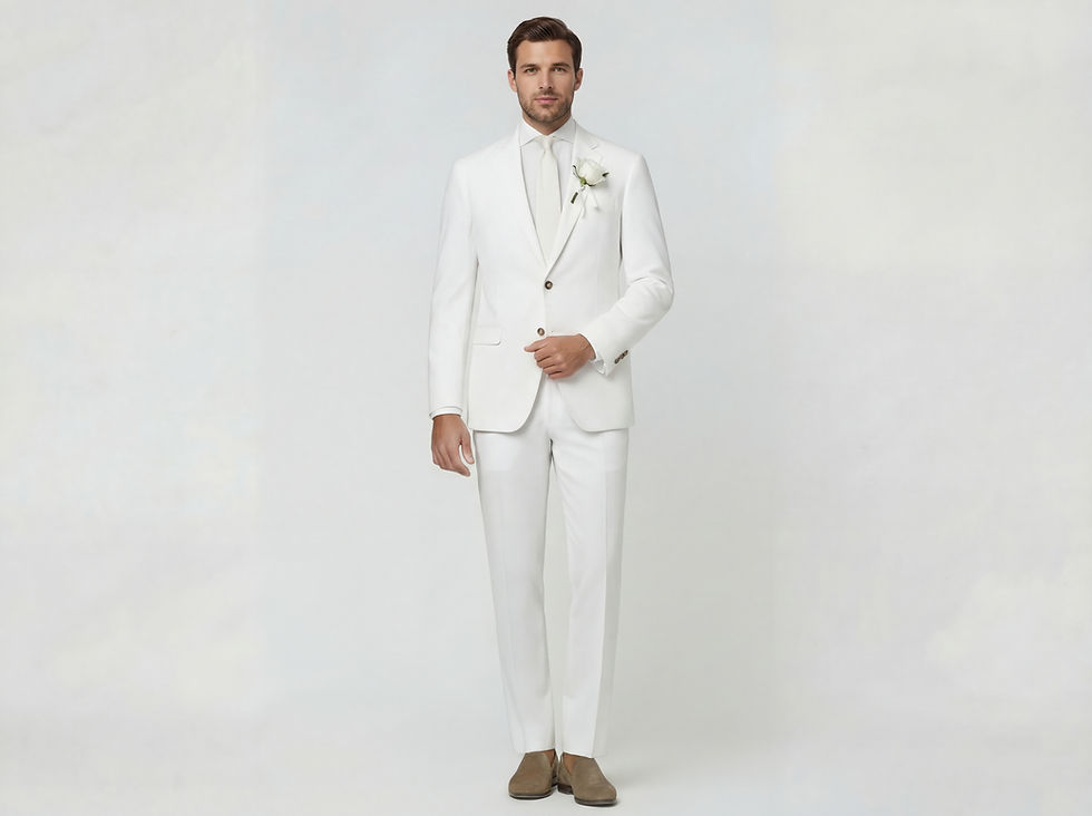 Single Breasted 2 button White Suit jacket ghost shot against a light grey background.