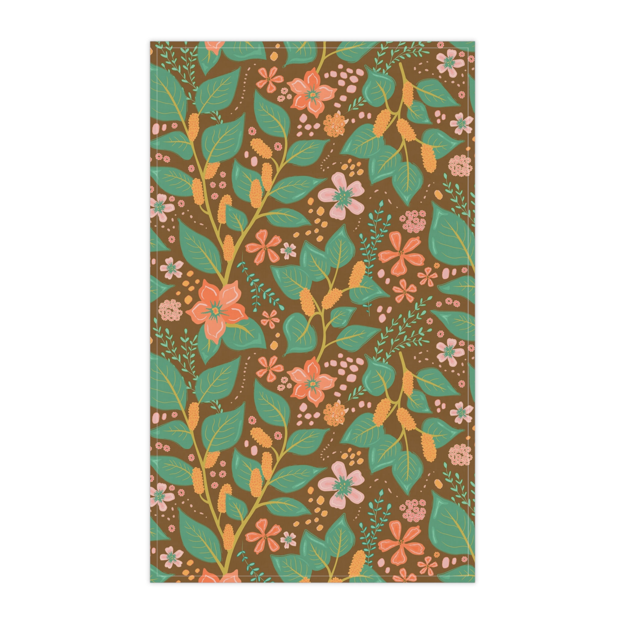 Pink Floral Blooms And Greenery On Garden Brown - Tea Towels (cotton, poly)