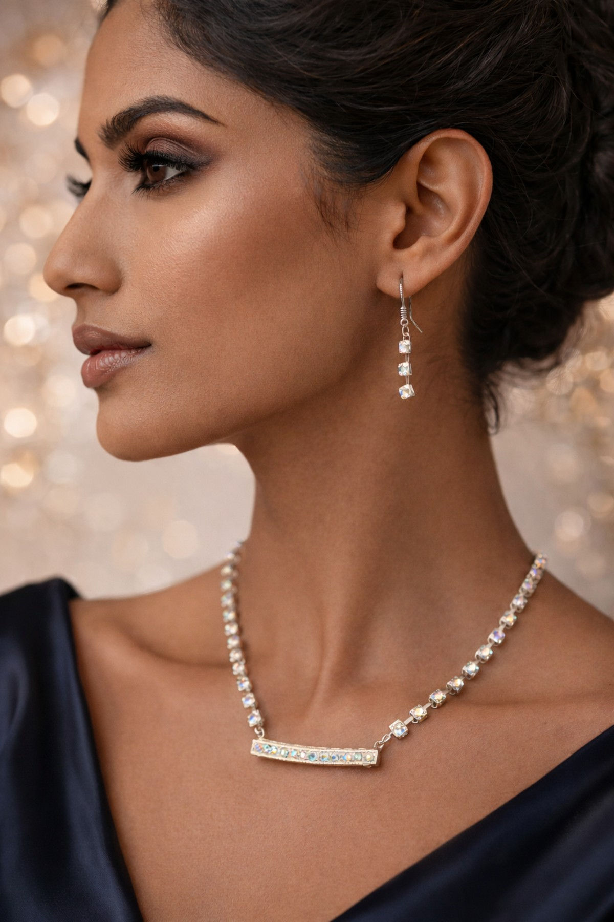 Multicoloured Iridescent Necklace And Earring Set S87 worn on a model.