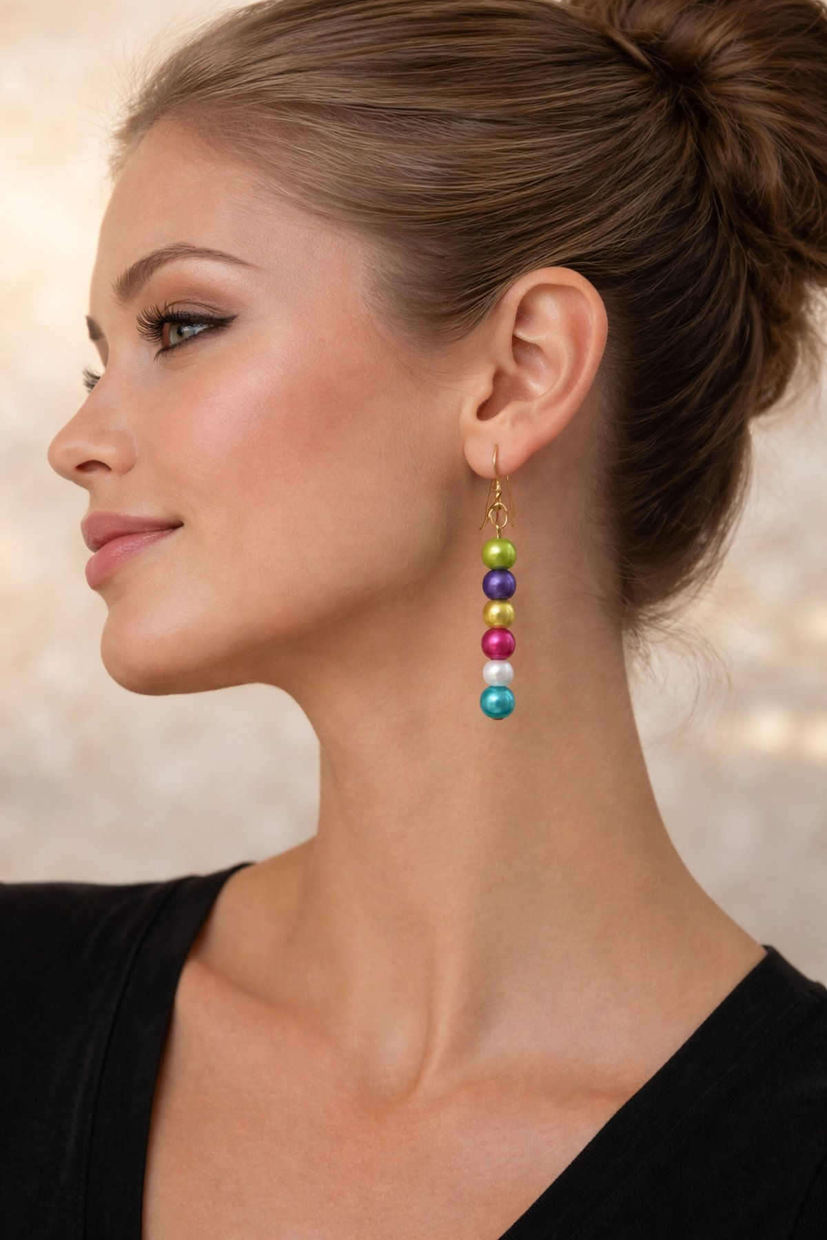 Multicoloured Beaded Earrings E36 worn on a model.