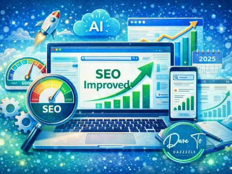 Website SEO improvement illustration showing increased performance, faster site speed and AI visibility for Dare To Dazzzzle in 2025.