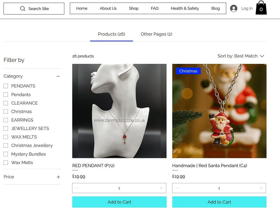 Dare To Dazzzzle website search results page showing product listings during accessibility and search bar improvements.