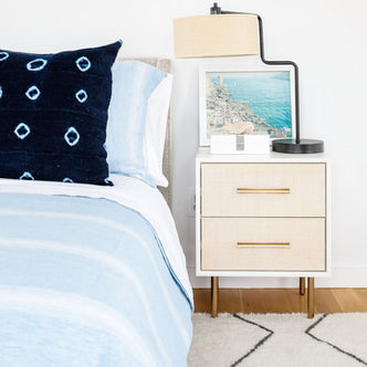 Bedside table with lamp and framed photo