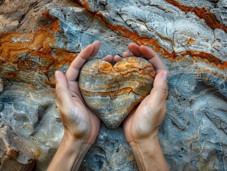 two hands holding a rock shaped in a heart