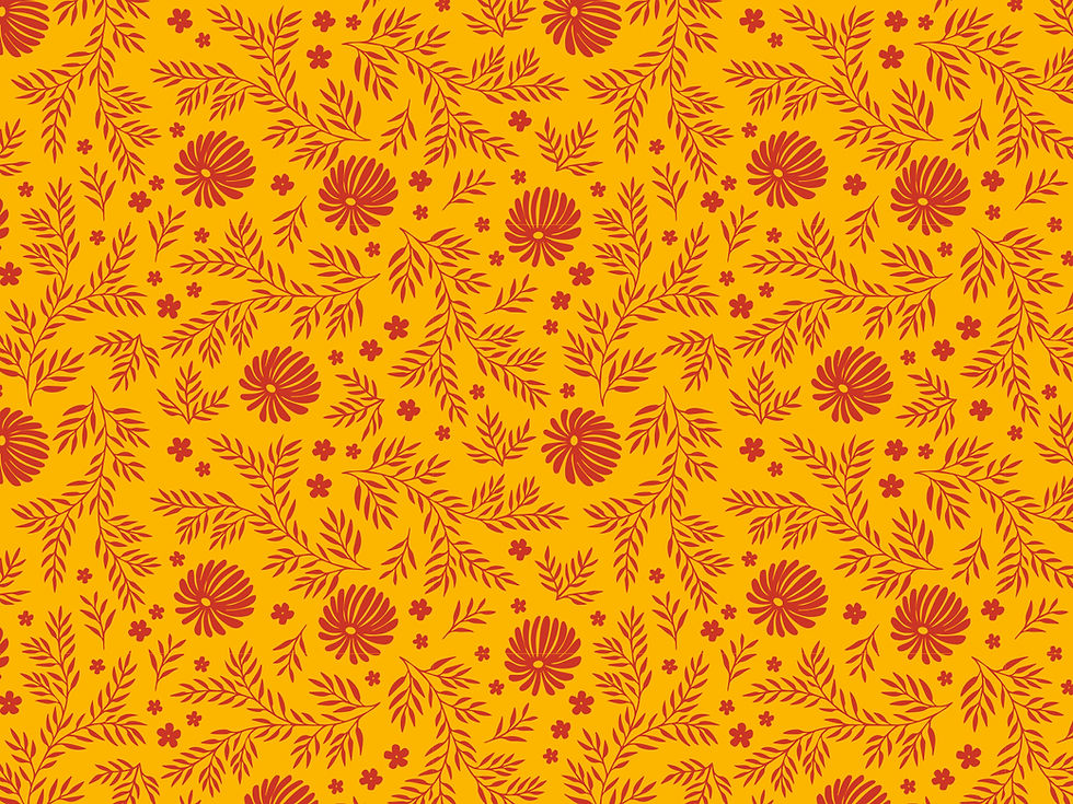 Red floral clip art pattern on a mustard colored background.
