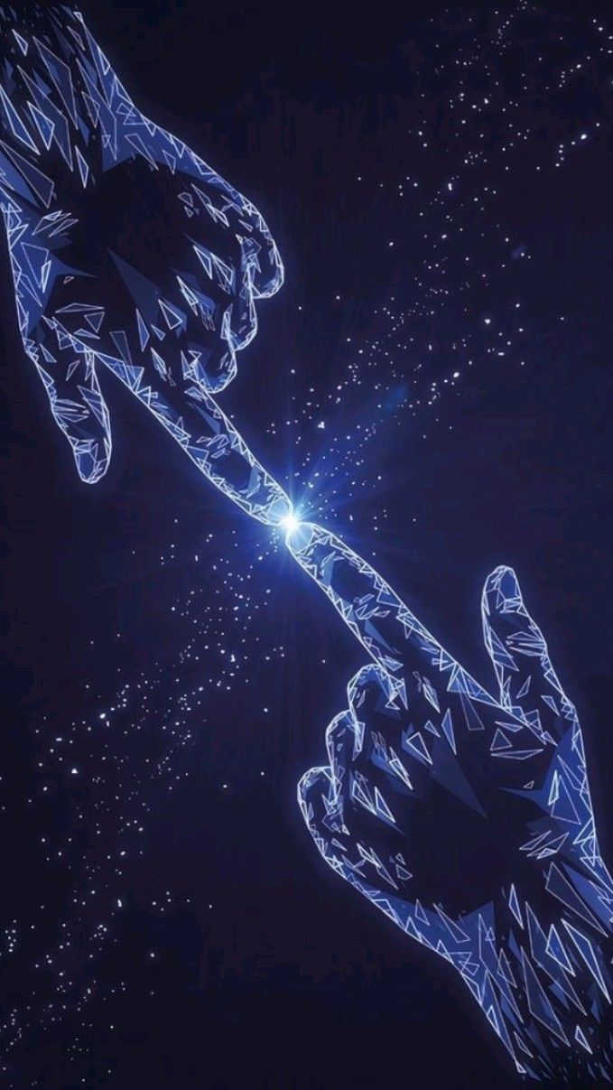 Abstract hands with light connecting fingertips, symbolizing soulmate connection