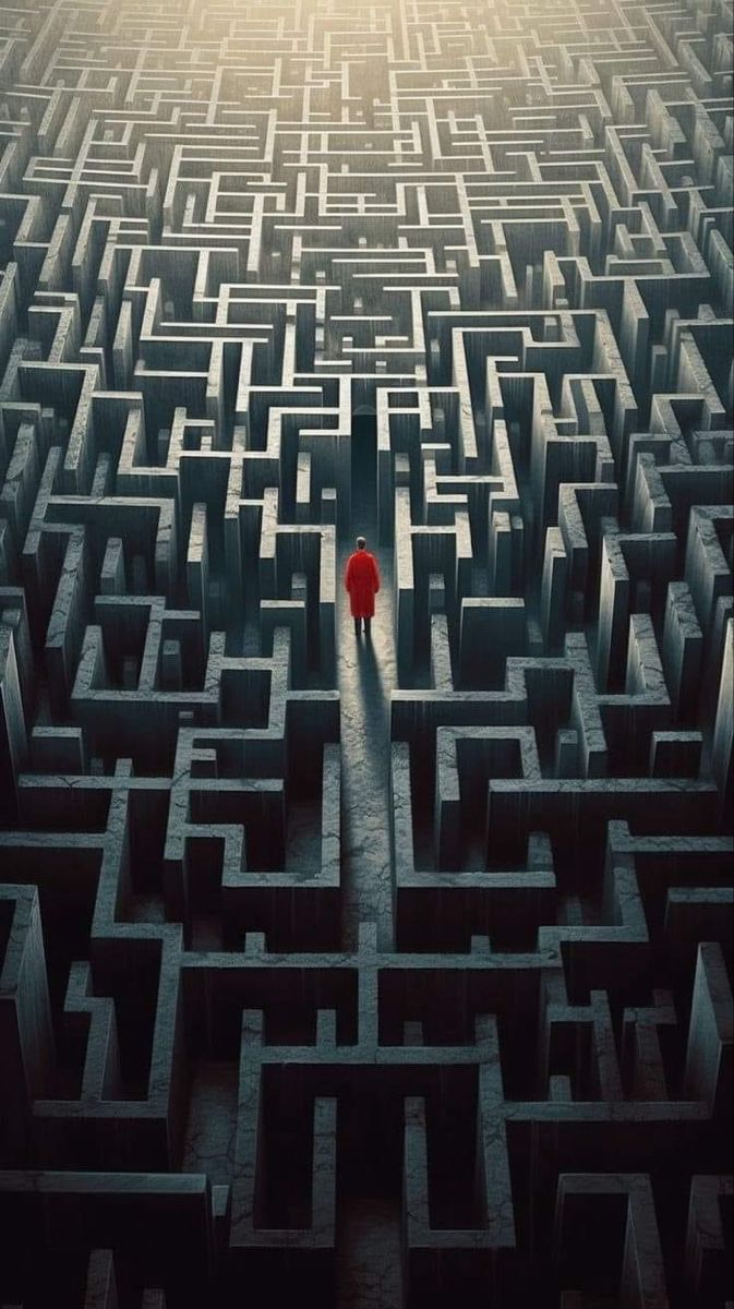 Person in red walking through a vast, intricate maze, feeling stuck