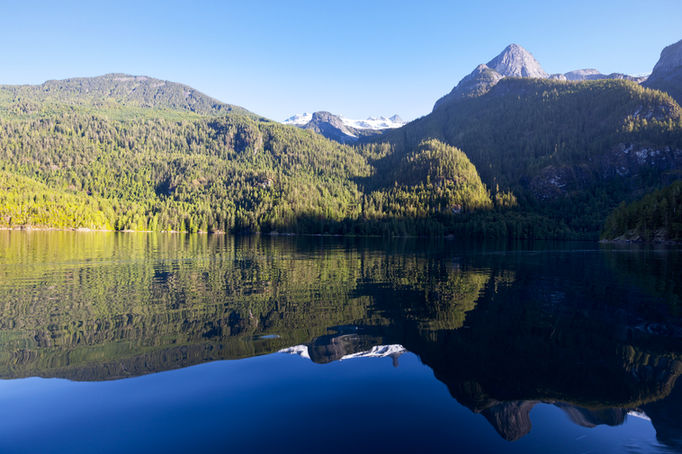 Scenic view of mountains reflected in a calm, still lake, Photography.