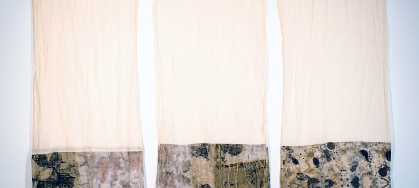 Three ties for Fire Bird burial shroud, cotton with eco-printed panels