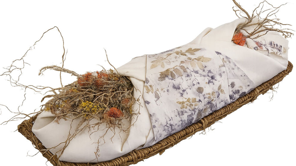 Handmade wool burial shroud with hand printed botanical linen panel, wrapped around a body form and displayed with natural branches and flowers.
