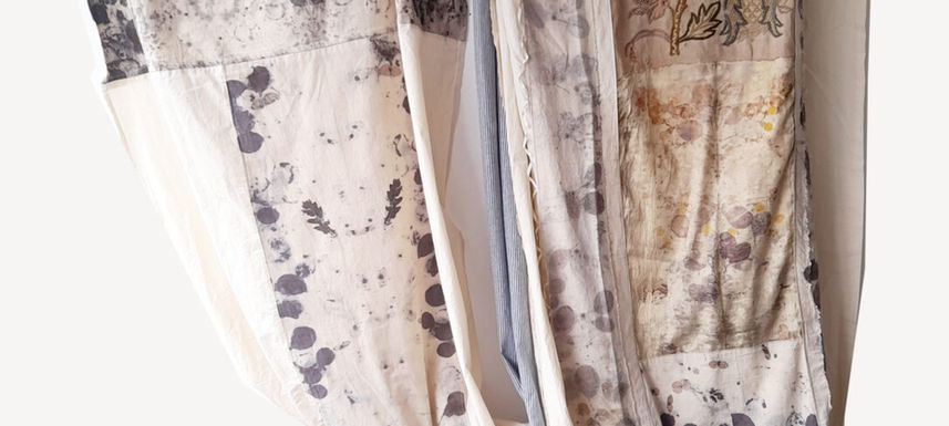 Botanical burial shroud with hand embroidered vintage panels and eco-printed panels
