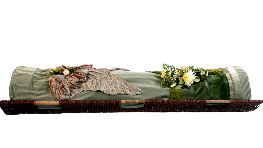 Sage Wings burial shroud with matching soft cover displayed on a willow stretcher against a white background.
