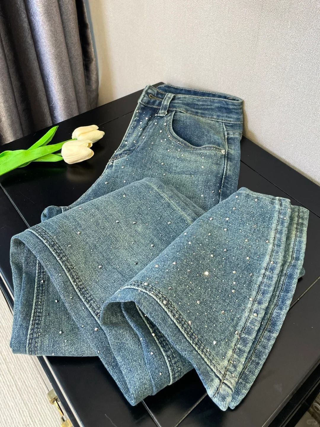 High Waisted Straight Leg Diamonte Jeans 