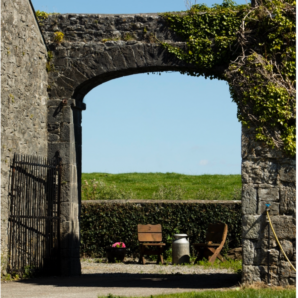 Ivy-clad stone archway at Newbrook House, County Mayo, framing two wooden chairs, a vintage milk churn, and green fields beyond.