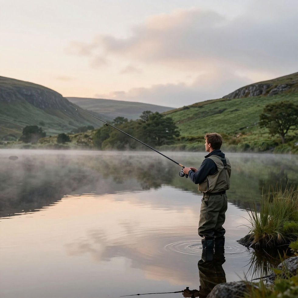 Angler fly fishing on a misty river in County Mayo, Ireland