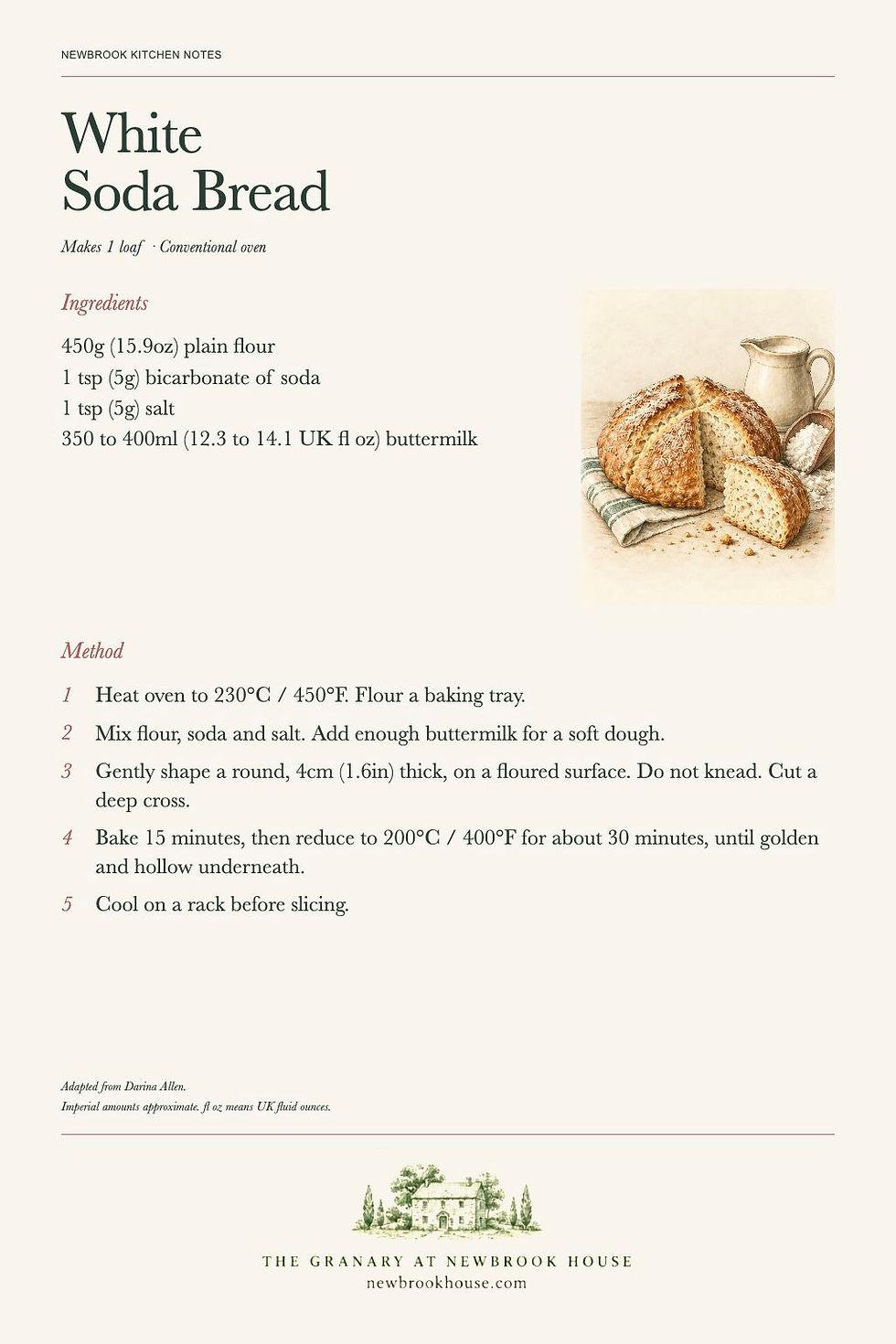 Illustrated cream and forest green recipe card for white soda bread, showing a round loaf with a deep cross, flour and buttermilk. Includes ingredients in metric and UK imperial units, conventional oven temperatures and five method steps. Newbrook House engraving and website footer at the bottom.