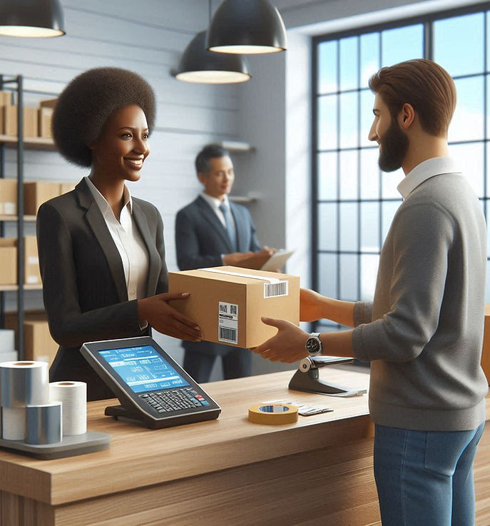 A photo realistic scene inside an office, with a friendly African American woman manager s