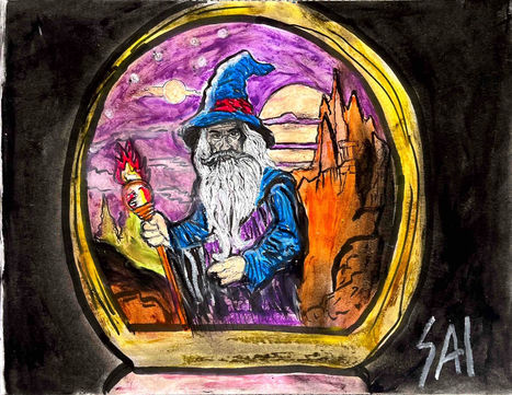 This piece is called The Wizard in the Crystal Ball. It is all hand drawn with Sakura ink and oil pastels were used to paint the drawing.