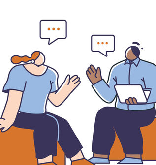 Ilustração de sessão de avaliação psicológica com psicóloga e paciente em conversa