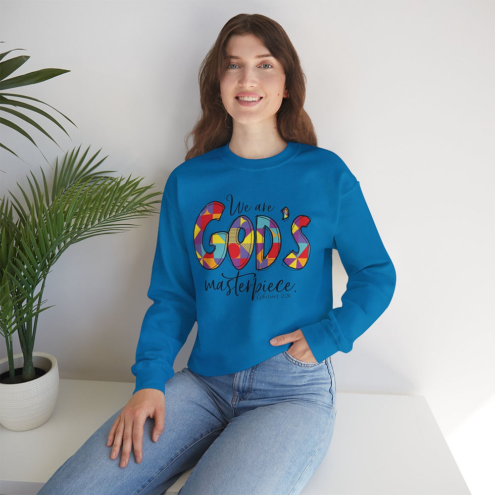 Thumbnail: Crewneck Sweatshirt — "We Are God's Masterpiece" Colorful Faith Graphic