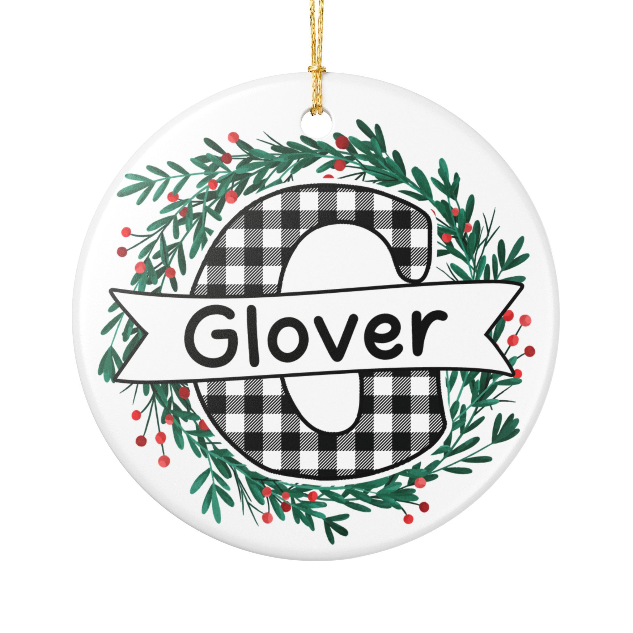 Personalized Buffalo Plaid "G" Monogram Ceramic Christmas Ornament