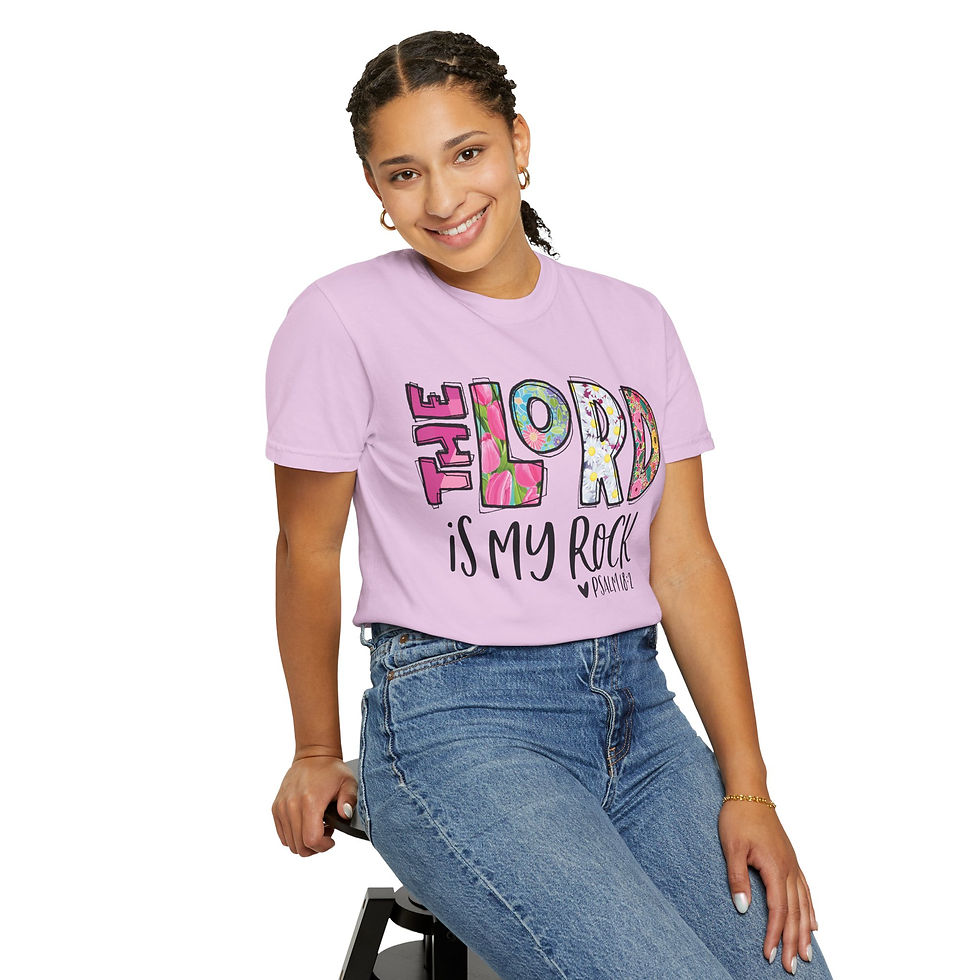 Thumbnail: The Lord Is My Rock Floral Comfort Colors T-Shirt — Psalm 18:2 Christian Tee