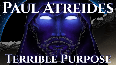 Paul Atreides stares at you, bathed in spice blue with glowing eyes. The desert rises behind him under a lunar eclipse.