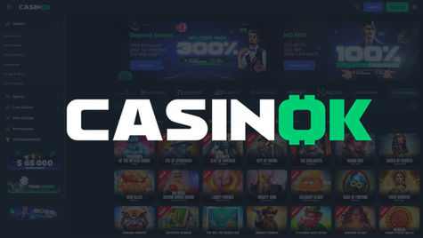 A screenshot of the CASINOK online casino homepage, featuring promotions like a deposit bonus and cashback. The central logo is "CASINOK," and the main section displays a grid of various casino games.