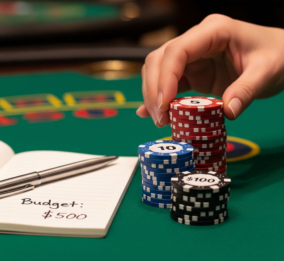 Hand stacking poker chips on green table, with open notebook and pen. Notebook reads "Budget: $500." Casino background visible.