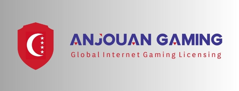 Red shield with white crescent and stars beside "ANJOUAN GAMING" in blue, "Global Internet Gaming Licensing" in red on a gray background.