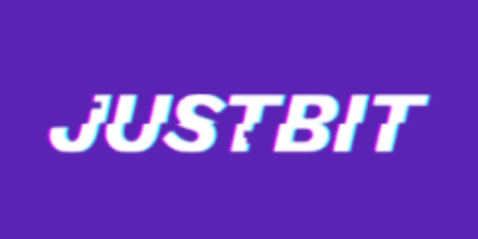 Text "JUSTBIT" in white with glitch effect on a solid purple background.