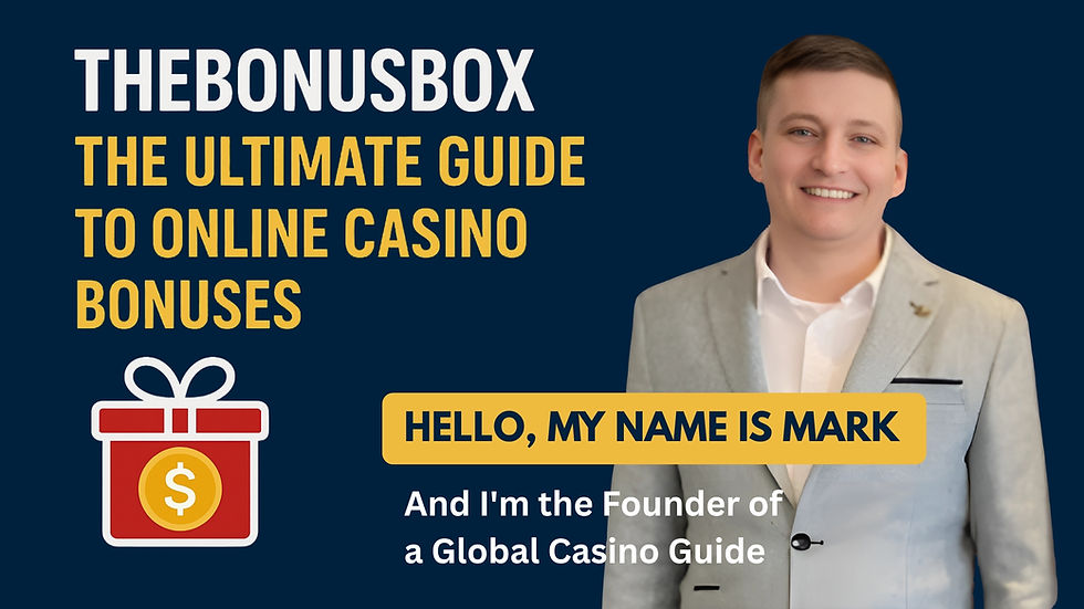 Smiling person in a suit with text "TheBonusBox: The Ultimate Guide to Online Casino Bonuses." Red gift box icon. Blue background.
