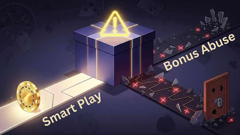 Gift box with warning sign; two paths labeled Smart Play and Bonus Abuse. One path has a gold coin, the other is rocky. Dark casino-themed background.