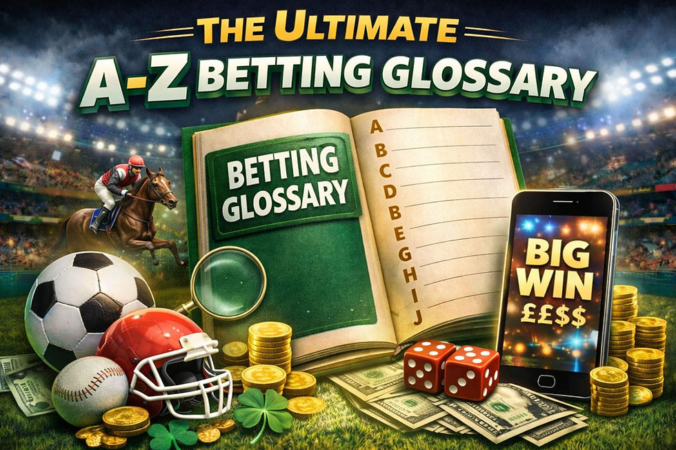 Stadium scene with sports gear, coins, and betting symbols. Book titled "Betting Glossary," phone displays "Big Win." Vibrant and energetic mood.