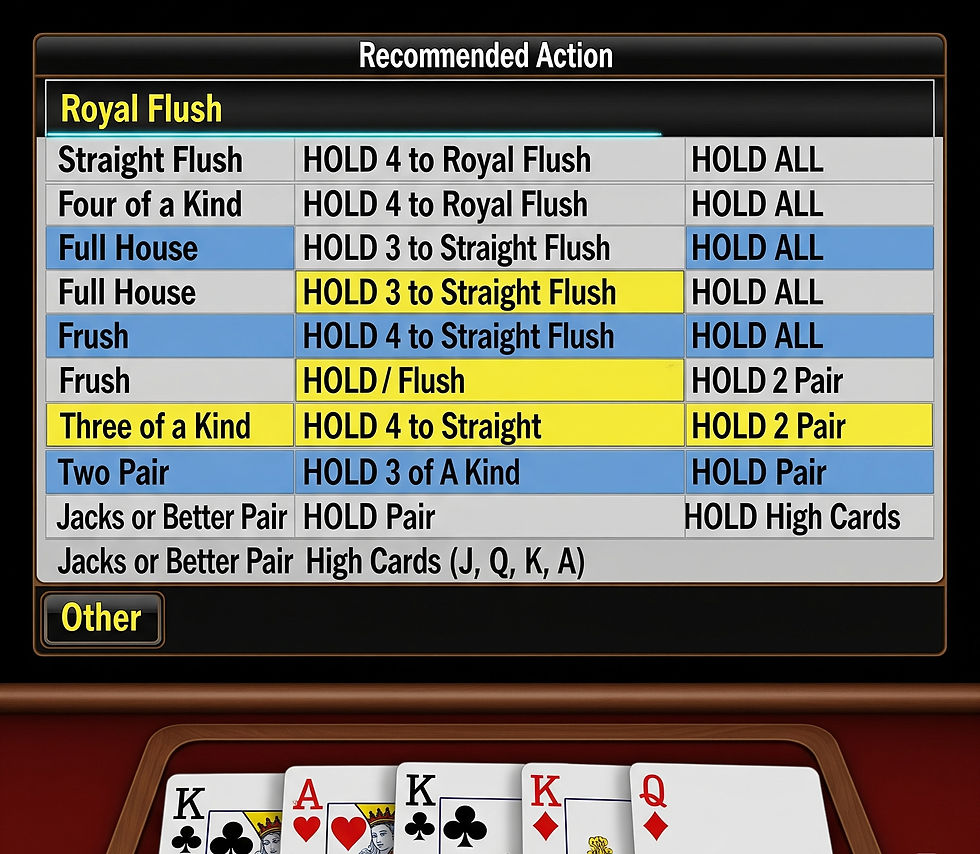 Poker strategy guide titled "Recommended Action" lists card hands with holding advice. Visible cards: Ace, King, Queen in spades, hearts, clubs.