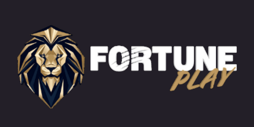 Lion logo next to the text "FORTUNE PLAY" on dark background. The lion is stylized with gold and navy colors. Text is white and gold.