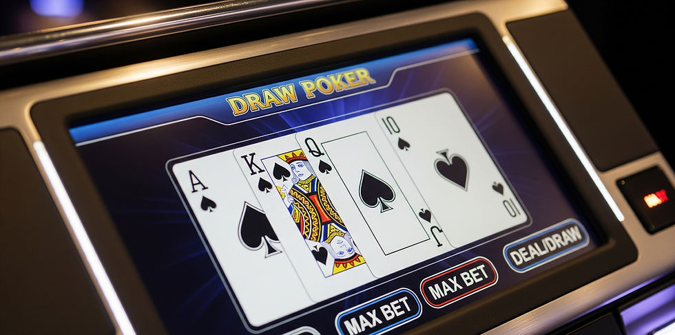 Poker machine screen shows a winning hand of spades: A, K, Q, 10. Buttons labeled "Max Bet" and "Deal/Draw" are visible.