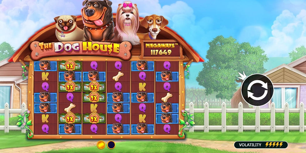 The Dog House Megaways slot featuring varies dog characters and winning slot symbols