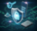 Digital security concept with shield, lock, key, and phone with 2FA code. Futuristic blue tech background, emphasizing protection.
