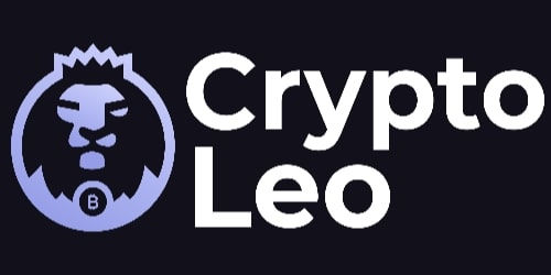 Blue lion logo with a crown next to bold white text "Crypto Leo" on a dark background. The mood is modern and sleek.
