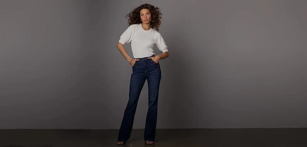Model wearing Wit & Wisdom high-rise flare jeans, highlighting the modern silhouette and premium denim style.