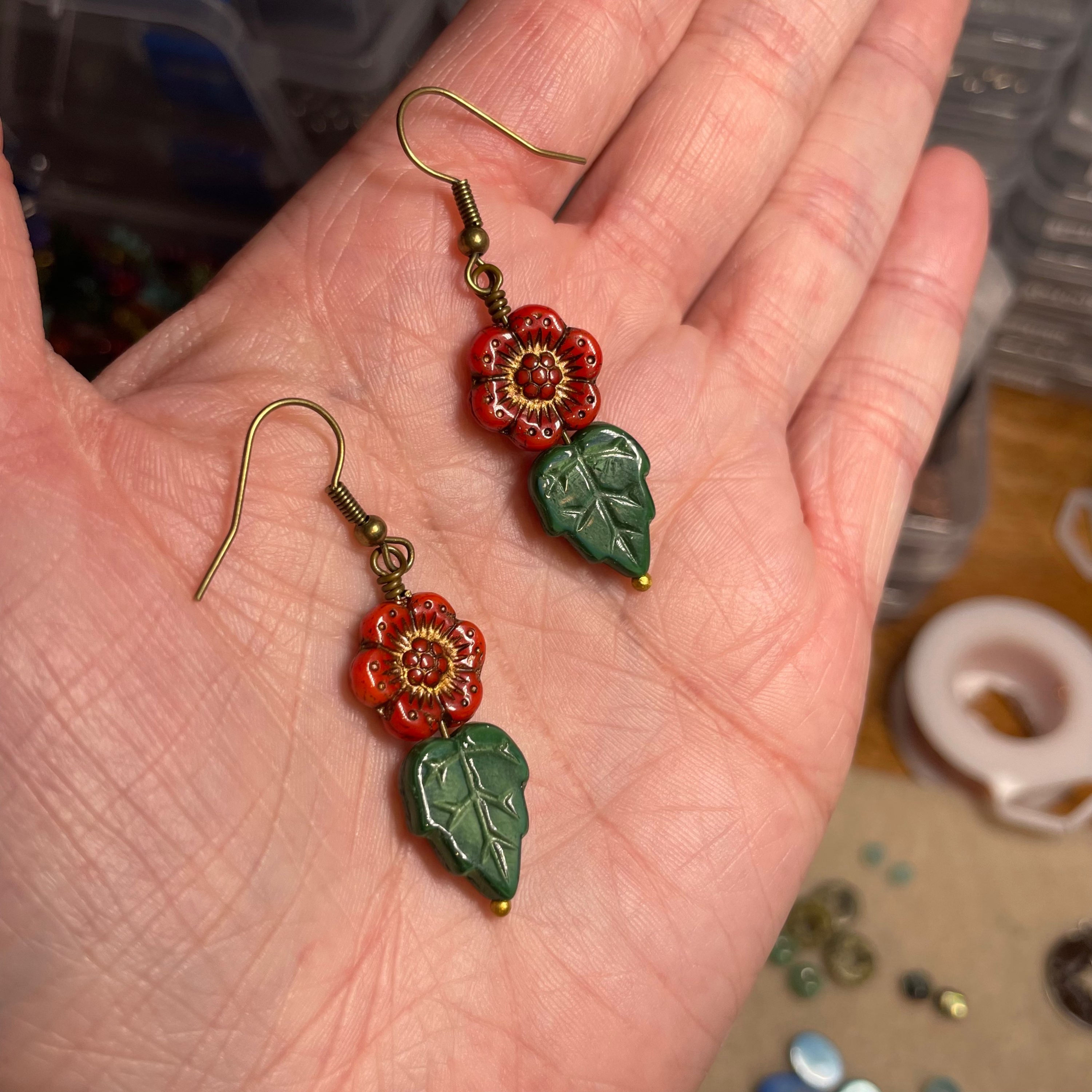 Red Flower Czech Glass Earrings