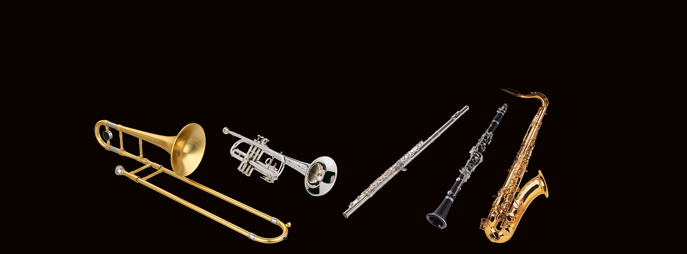 Picture of the 5 main rental instruments, Trombone, trumpet, flute, clarinet and saxophone.