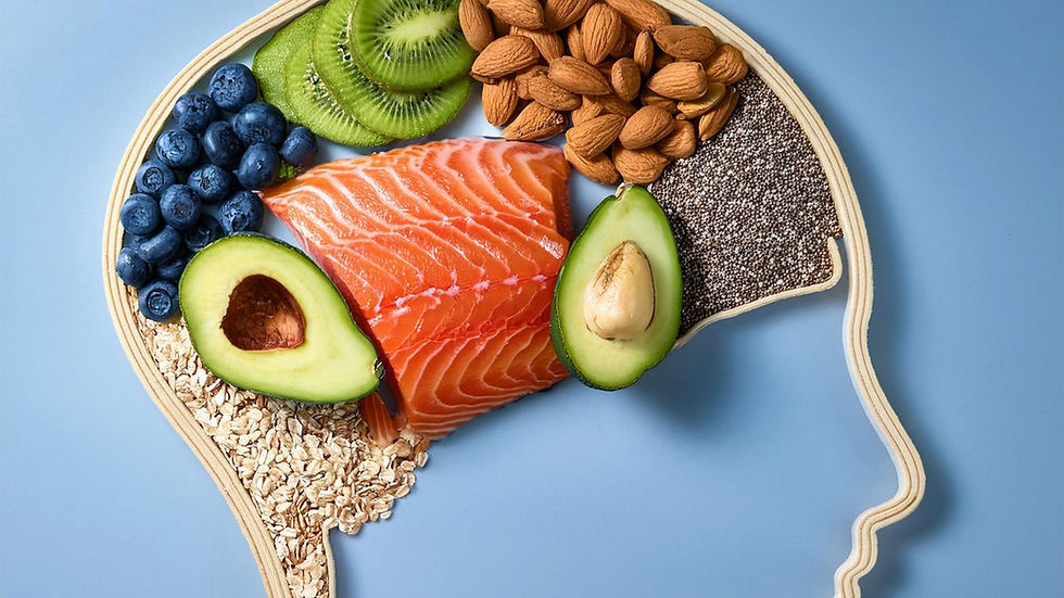 Foods like salmon, avocado, almonds, and berries form a brain shape on a blue background, symbolizing brain-boosting nutrition.