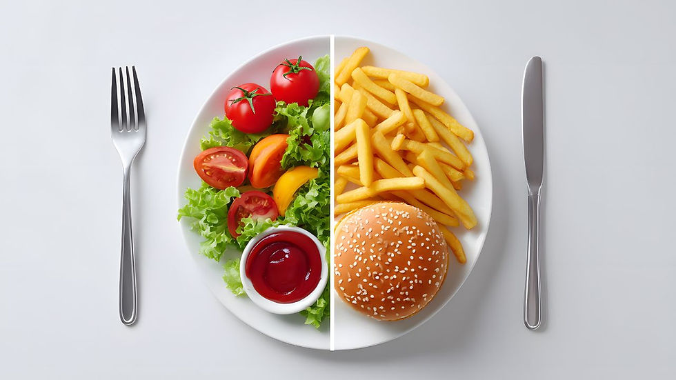 Plate split in half; left side with fresh salad and ketchup, right side with fries and a burger. Fork and knife on a white table.