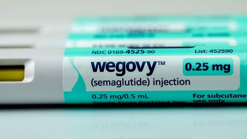 Close-up of Wegovy injection pen, turquoise and white, labeled with "0.25 mg". Text details its use as semaglutide for subcutaneous use.