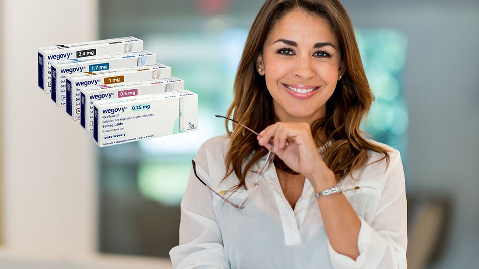Woman smiling, holding glasses in office setting. Five Wegovy medication boxes in foreground with dosage labels. Bright, professional mood.